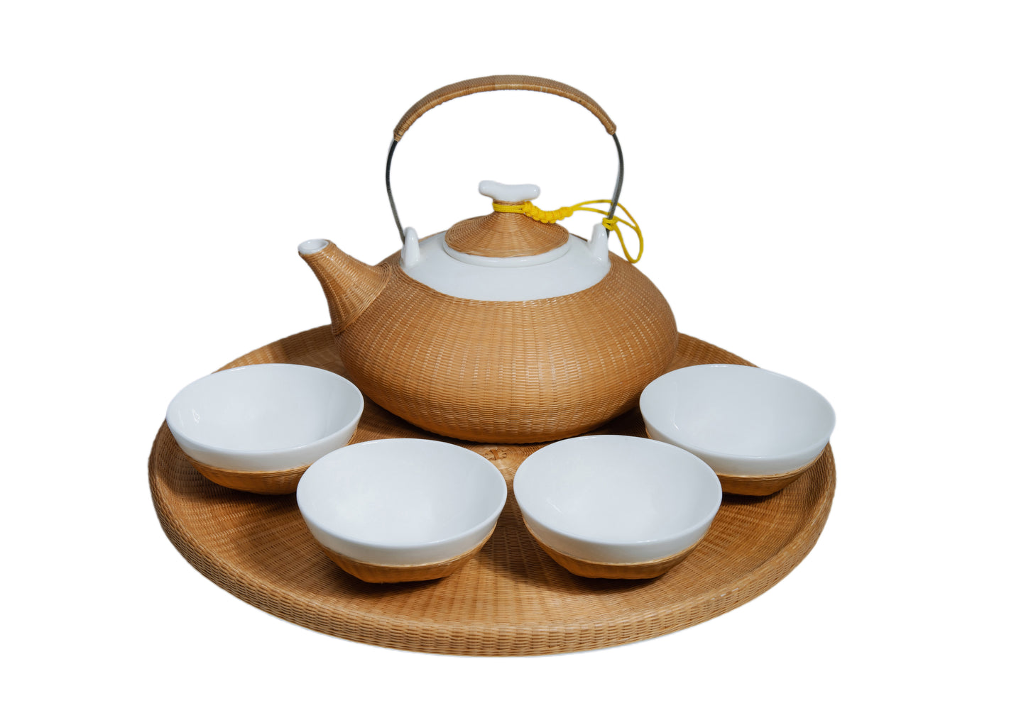 Bamboo Woven Porcelain Large Round Teapot Set – Premium Teapot and Cups, Eco-Friendly Handcrafted Drinkware for Tea, Coffee &amp; More