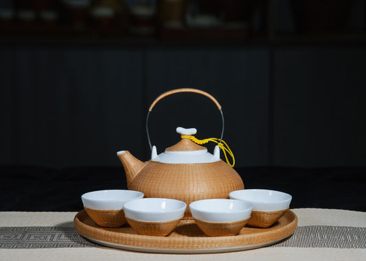 Bamboo Woven Porcelain Large Round Teapot Set – Premium Teapot and Cups, Eco-Friendly Handcrafted Drinkware for Tea, Coffee &amp; More