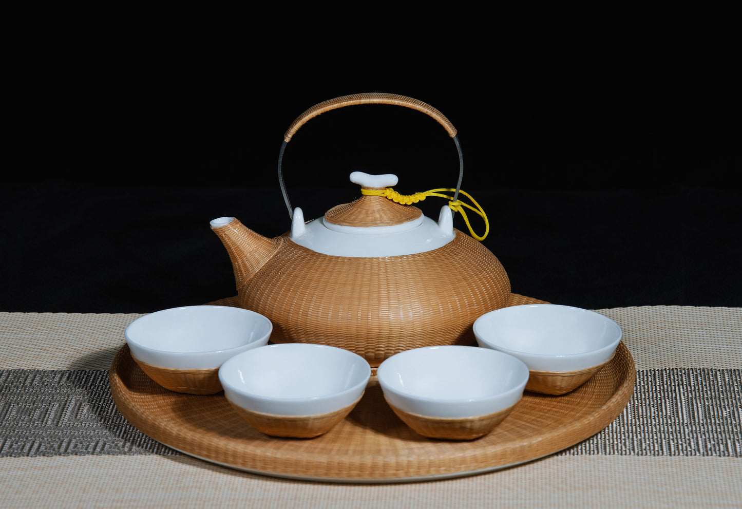 Bamboo Woven Porcelain Large Round Teapot Set – Premium Teapot and Cups, Eco-Friendly Handcrafted Drinkware for Tea, Coffee &amp; More