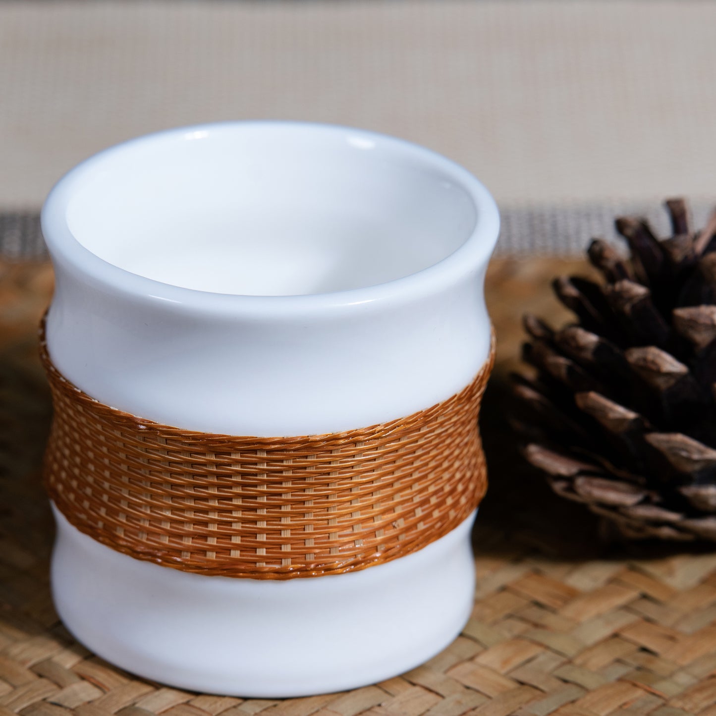 Bamboo Node Inspired Porcelain and Bamboo Woven Cup – Eco-Friendly Fashion, A Modern Interpretation of Natural Aesthetics