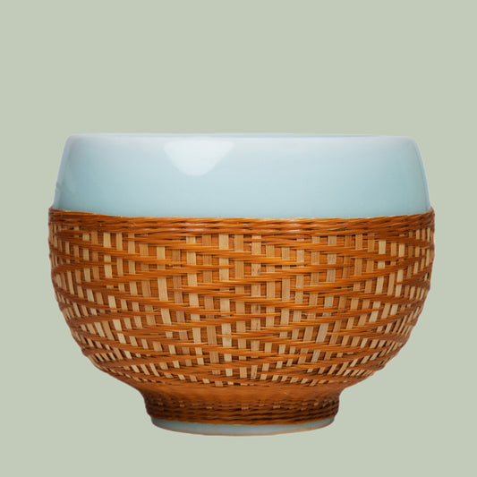 Blue Porcelain and Bamboo Woven Cup – Exquisite Tea and Coffee Cup for Modern Homes