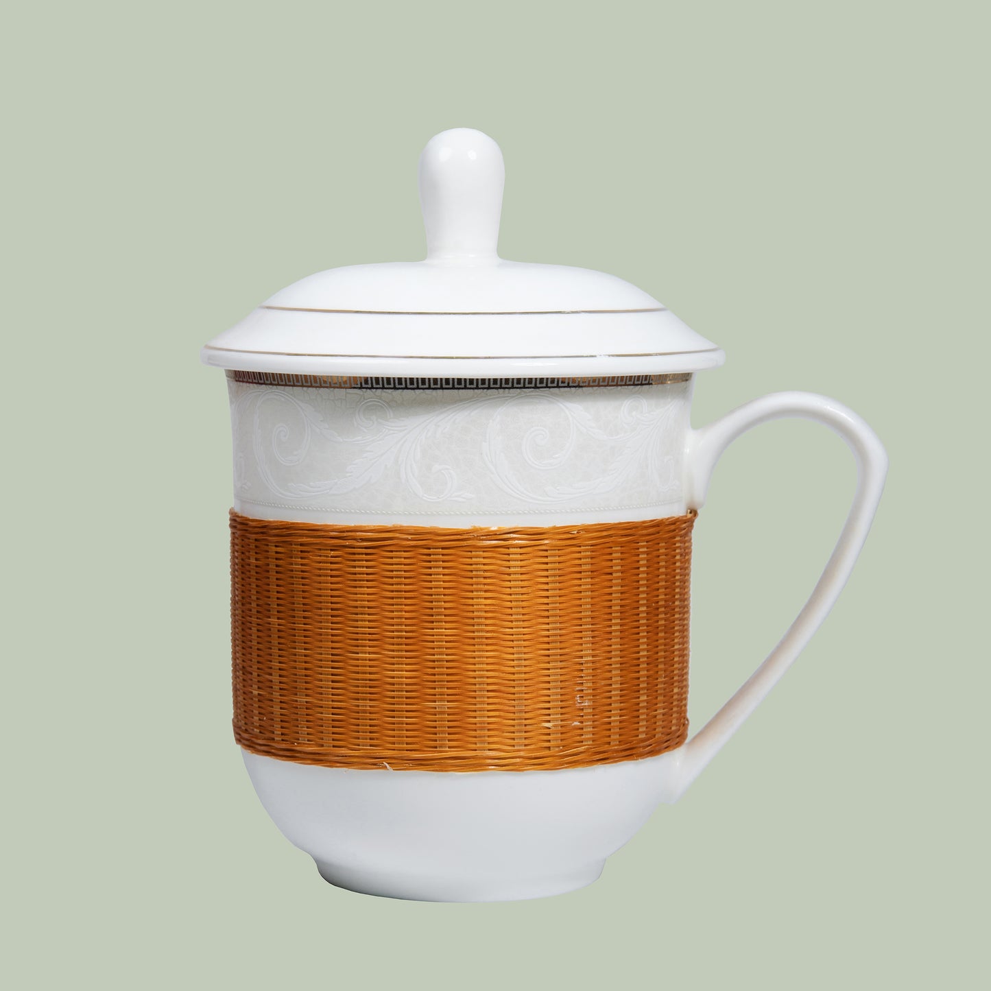 Chinese-style Porcelain and Bamboo Woven Tea Cup – An Elegant Handcrafted Tea Experience