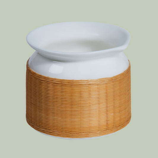 Minimalist Porcelain and Bamboo Woven Tea Cup – Modern Home Tea Ceremony Art