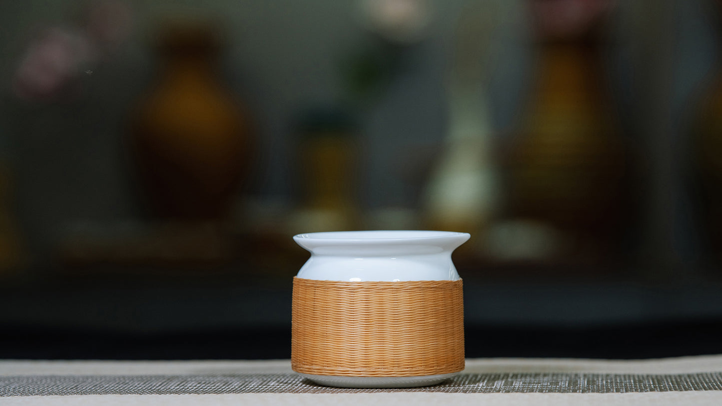 Minimalist Porcelain and Bamboo Woven Tea Cup – Modern Home Tea Ceremony Art