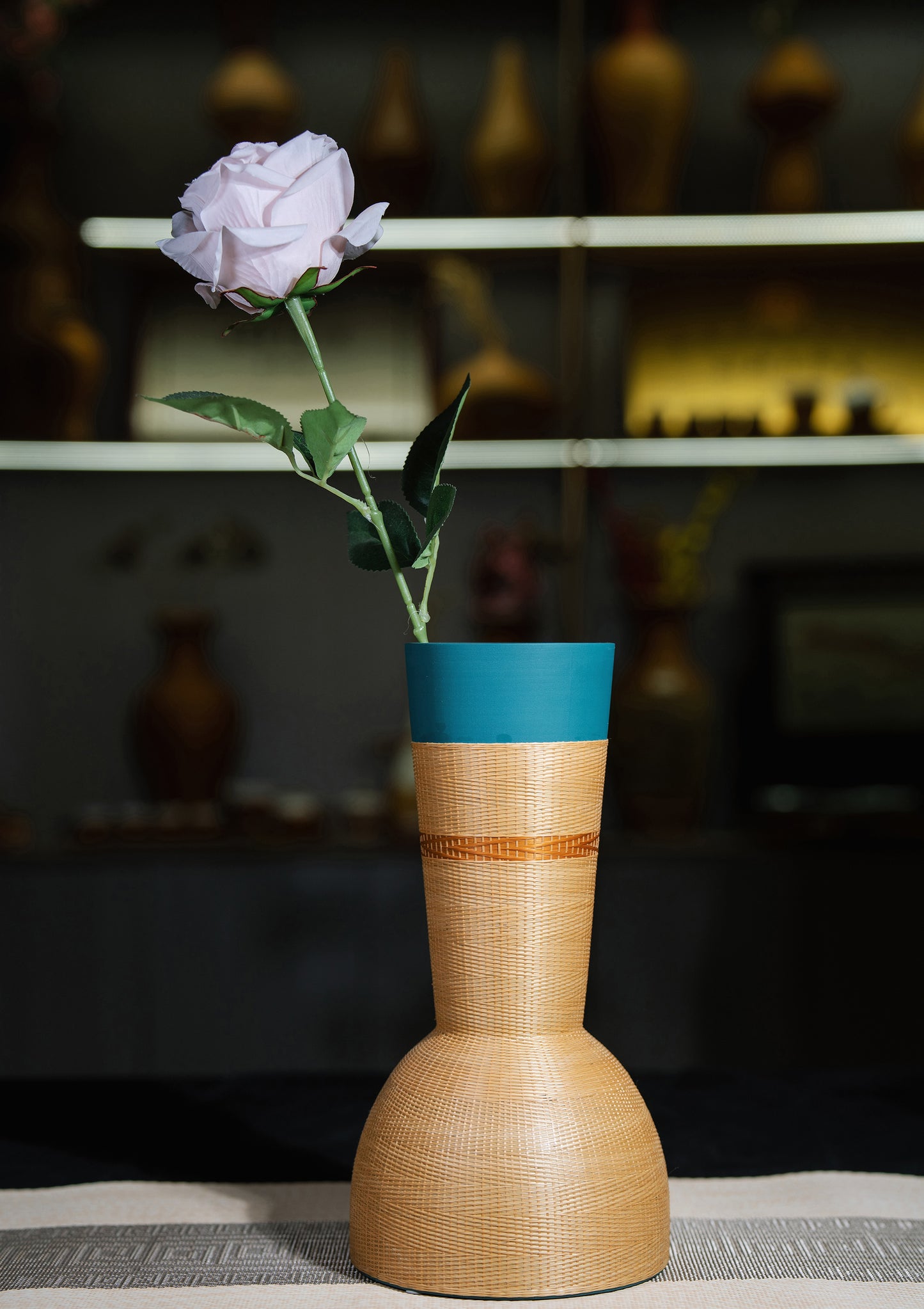 Modern Deep Blue Base Porcelain and Bamboo Woven Vase – A Perfect Blend of Elegance and Tradition