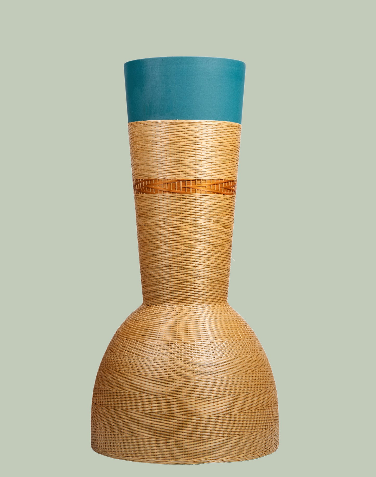 Modern Deep Blue Base Porcelain and Bamboo Woven Vase – A Perfect Blend of Elegance and Tradition