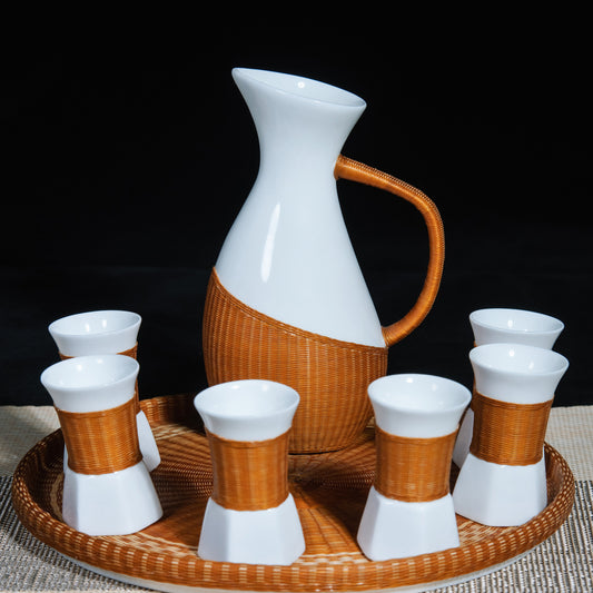 Porcelain and Bamboo Woven Tea and Wine Set – Premium Handmade Craft Tea Set