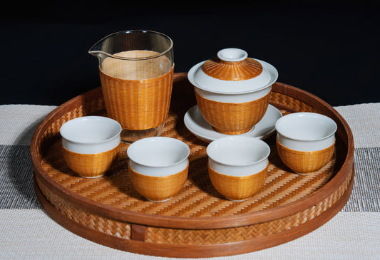 Porcelain and Bamboo Weaving Tea Set - Vintage Elegant, Eco-friendly, Handmade Art