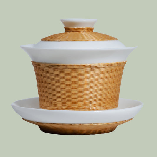 Traditional Porcelain and Bamboo Woven Covered Bowl – A Fusion of Classic and Modern, Perfect for Tea Ceremony Art